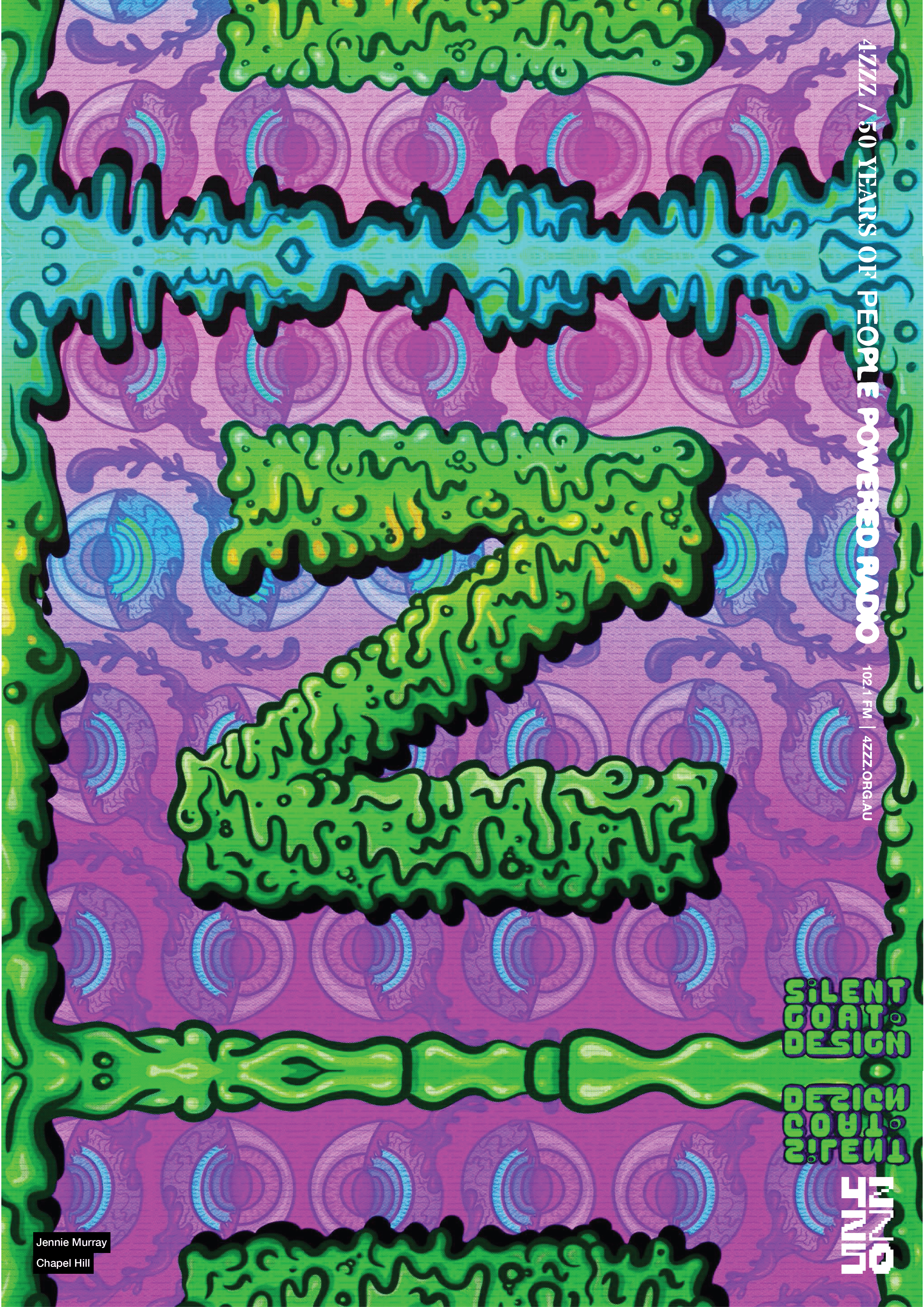 A detailed purple and pink repeating pattern of eyeballs, on top is an illustration of a zed in green, dripping slime.