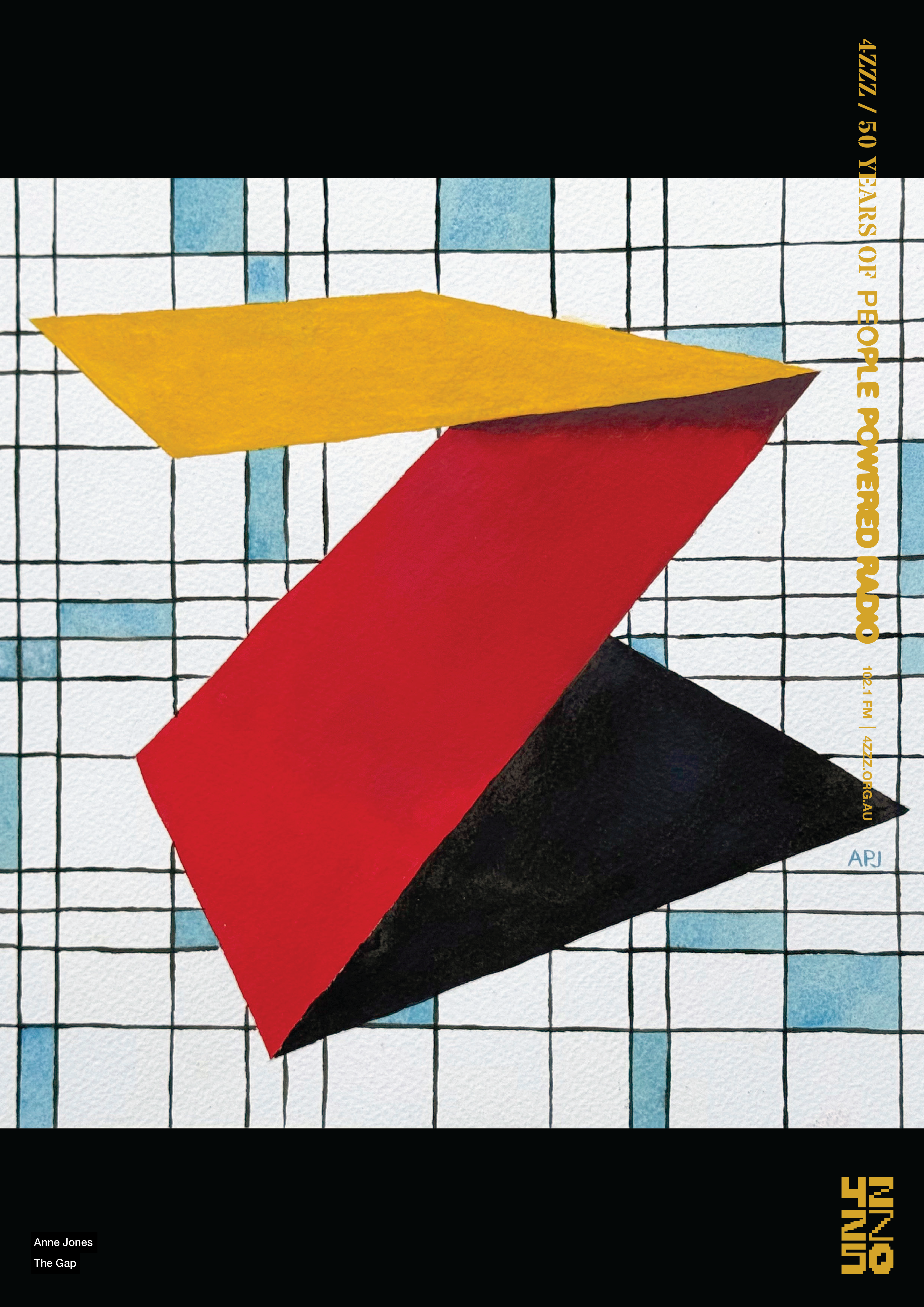 a painting of a zed in red, yellow and black on a blue and white geometric grid.