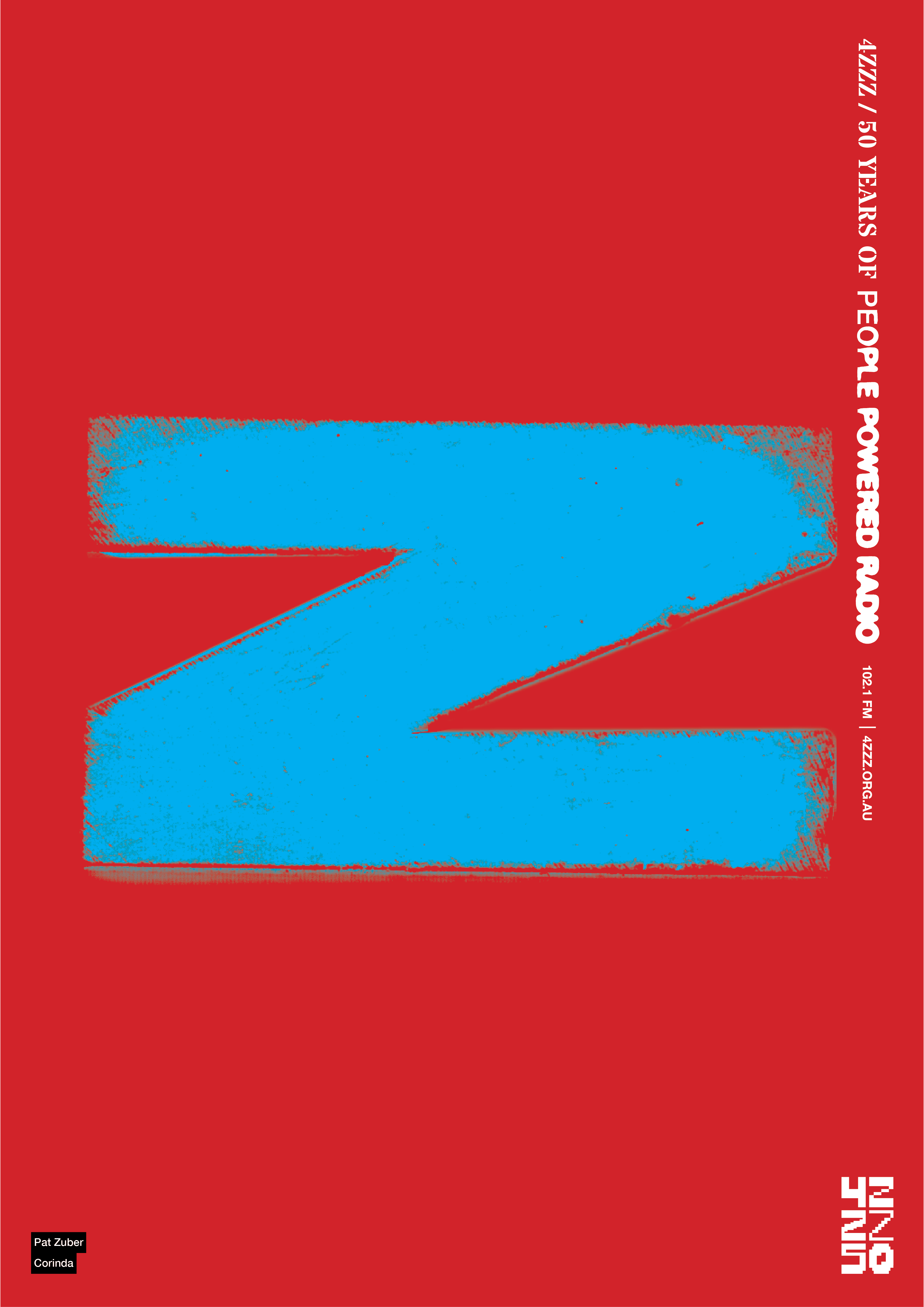 a solid red background with a rough paint brush style block print of a Z in cyan.