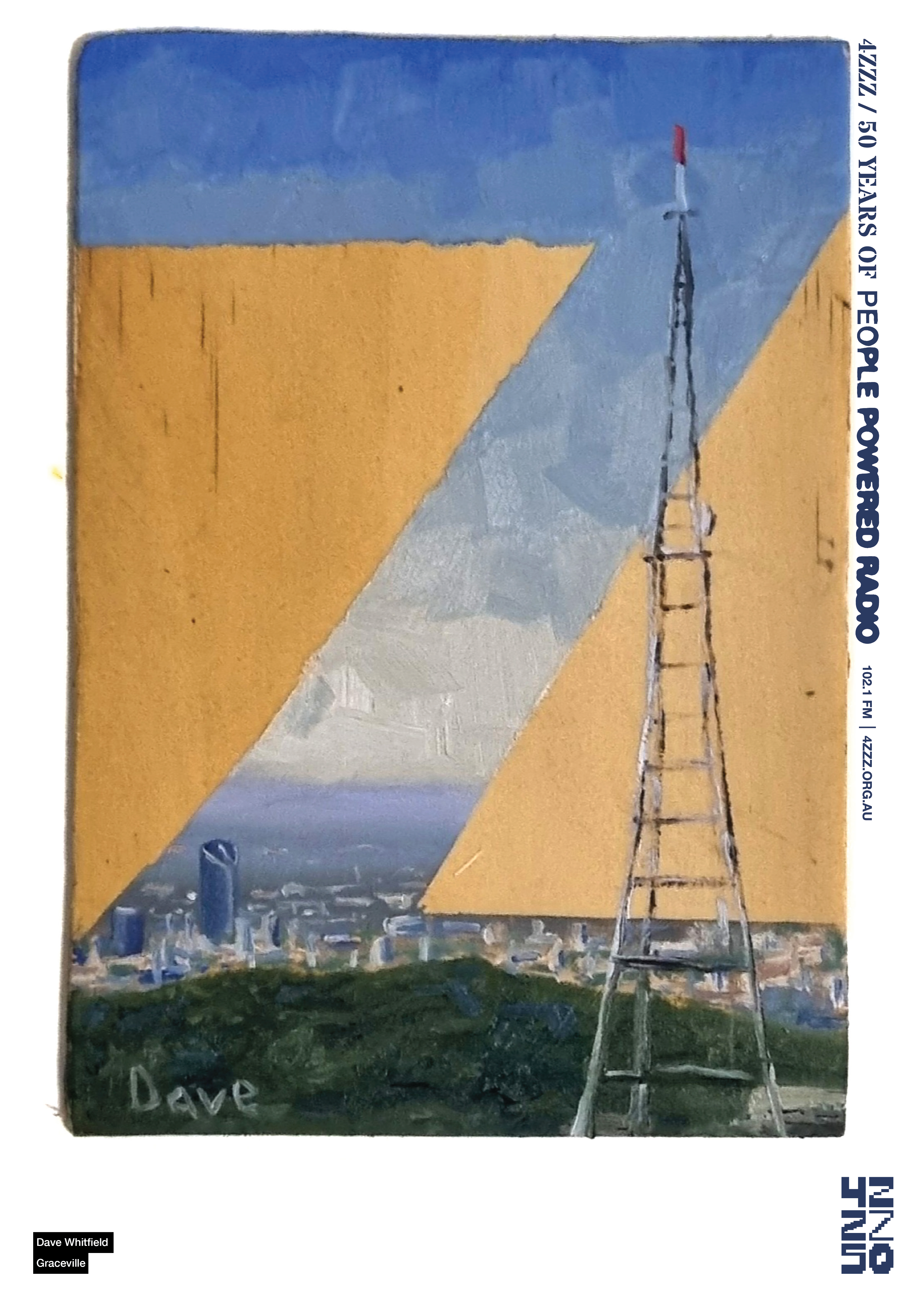 a painting of the Brisbane skyline painted on a piece of wooden board. The painting in within the silhouette of a Z. The broadcast tower sits across the top of it all on the right. 
