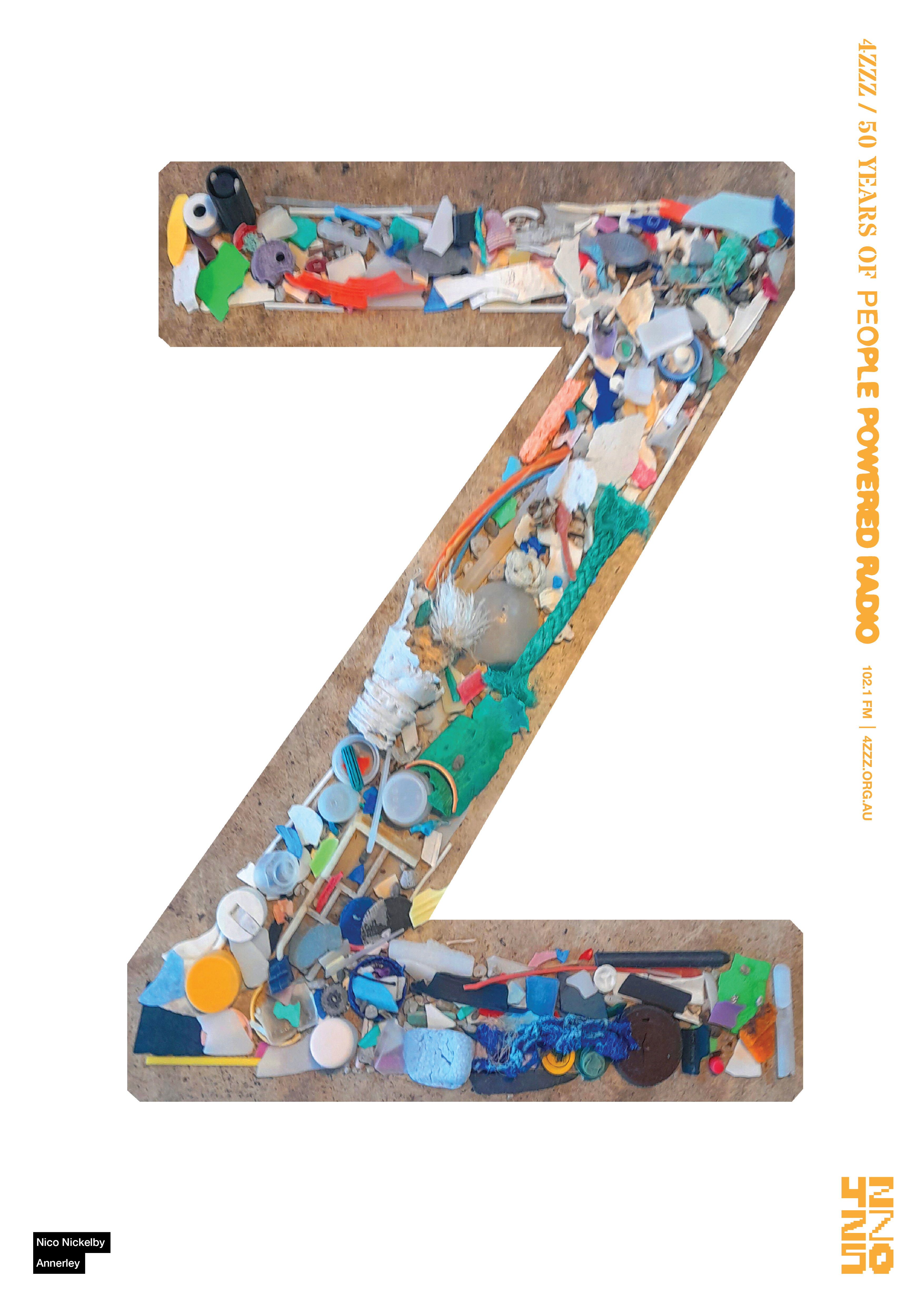 a collection of rubbish in various colours in the shape of a Z, on a white background. 