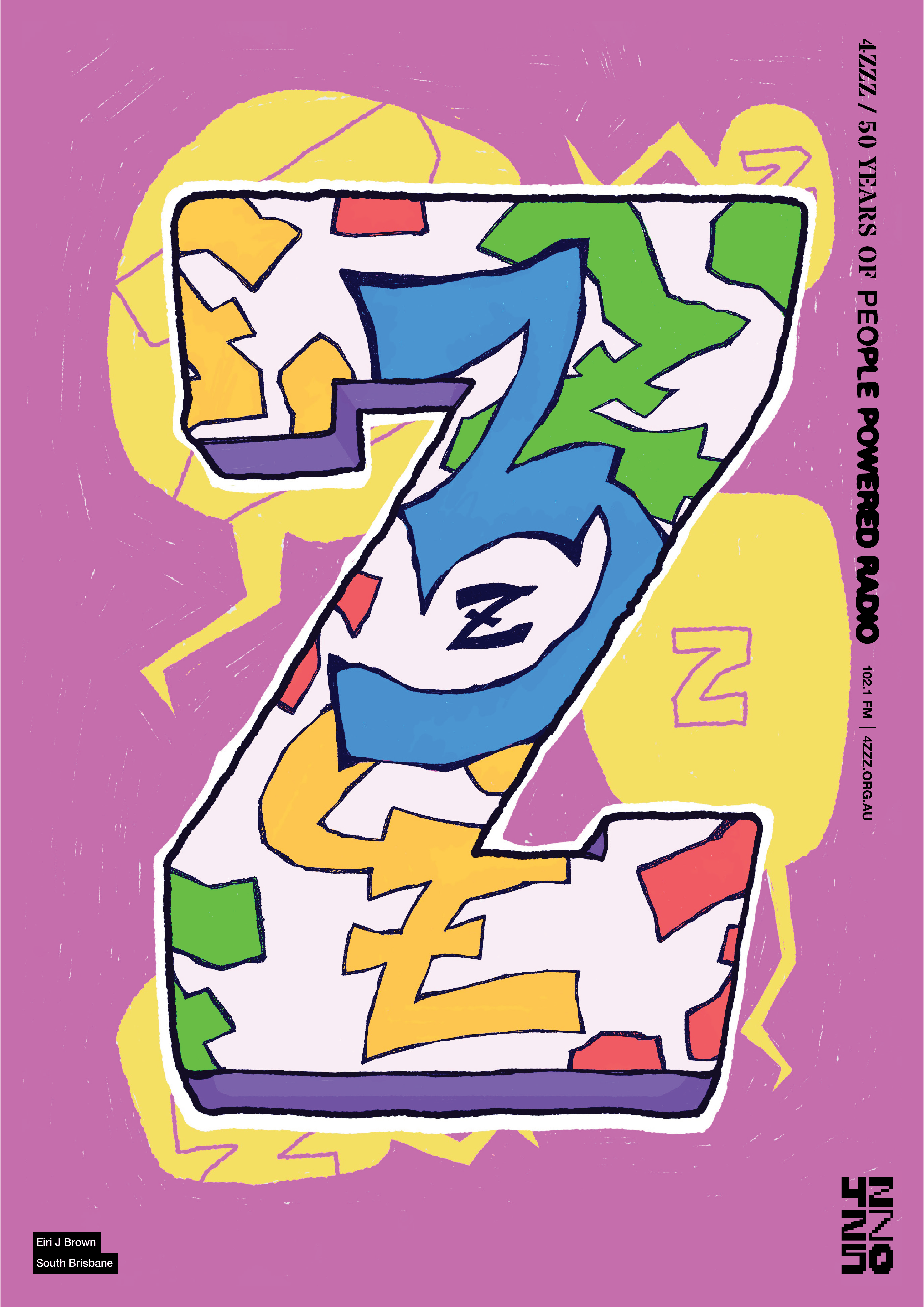 an illustrated block serif Z on a pink and yellow background. within the Z, there are yellow, green, red and blue smaller Z's.