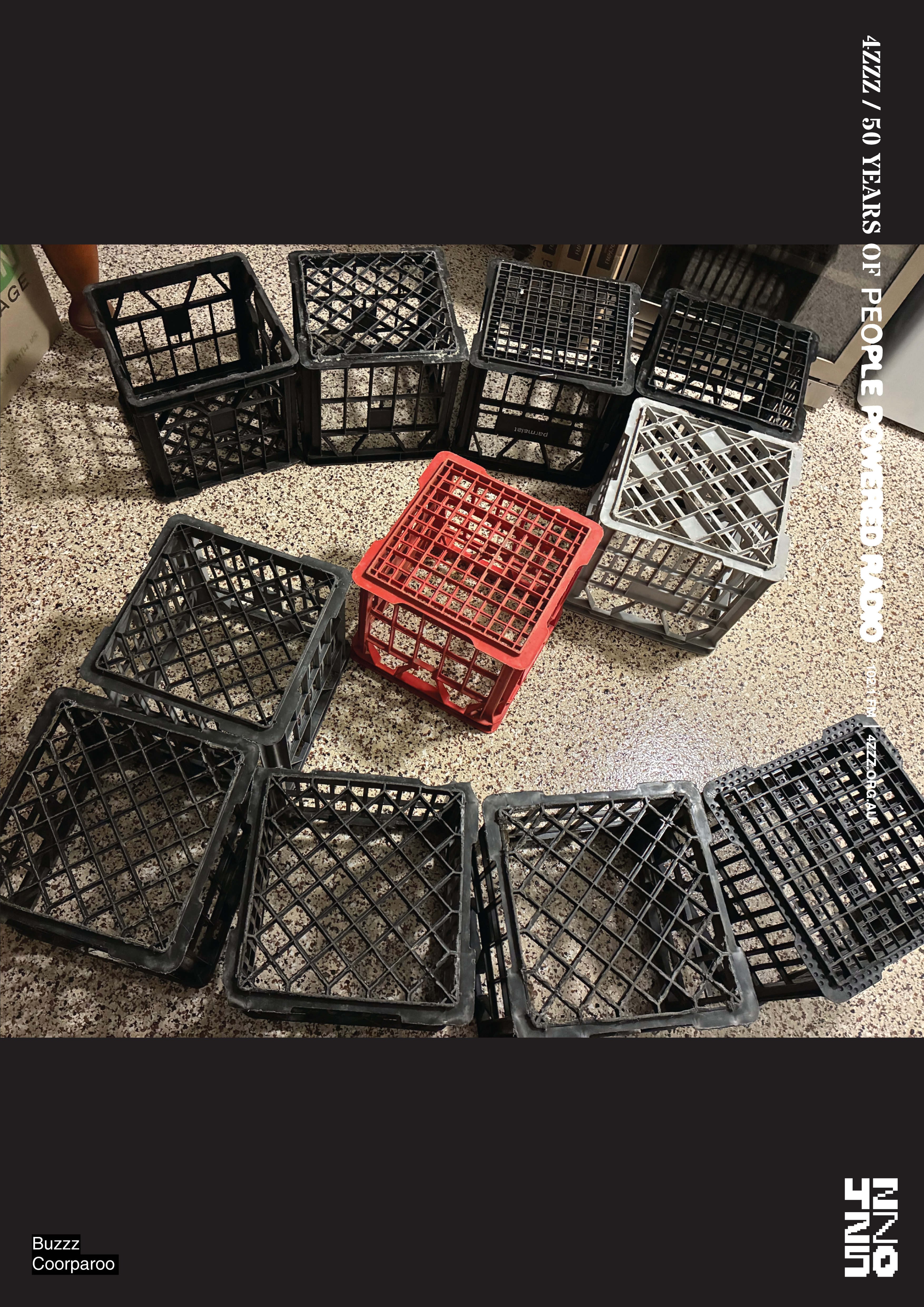 A photograph of milk crates laid out in the shape of a Z