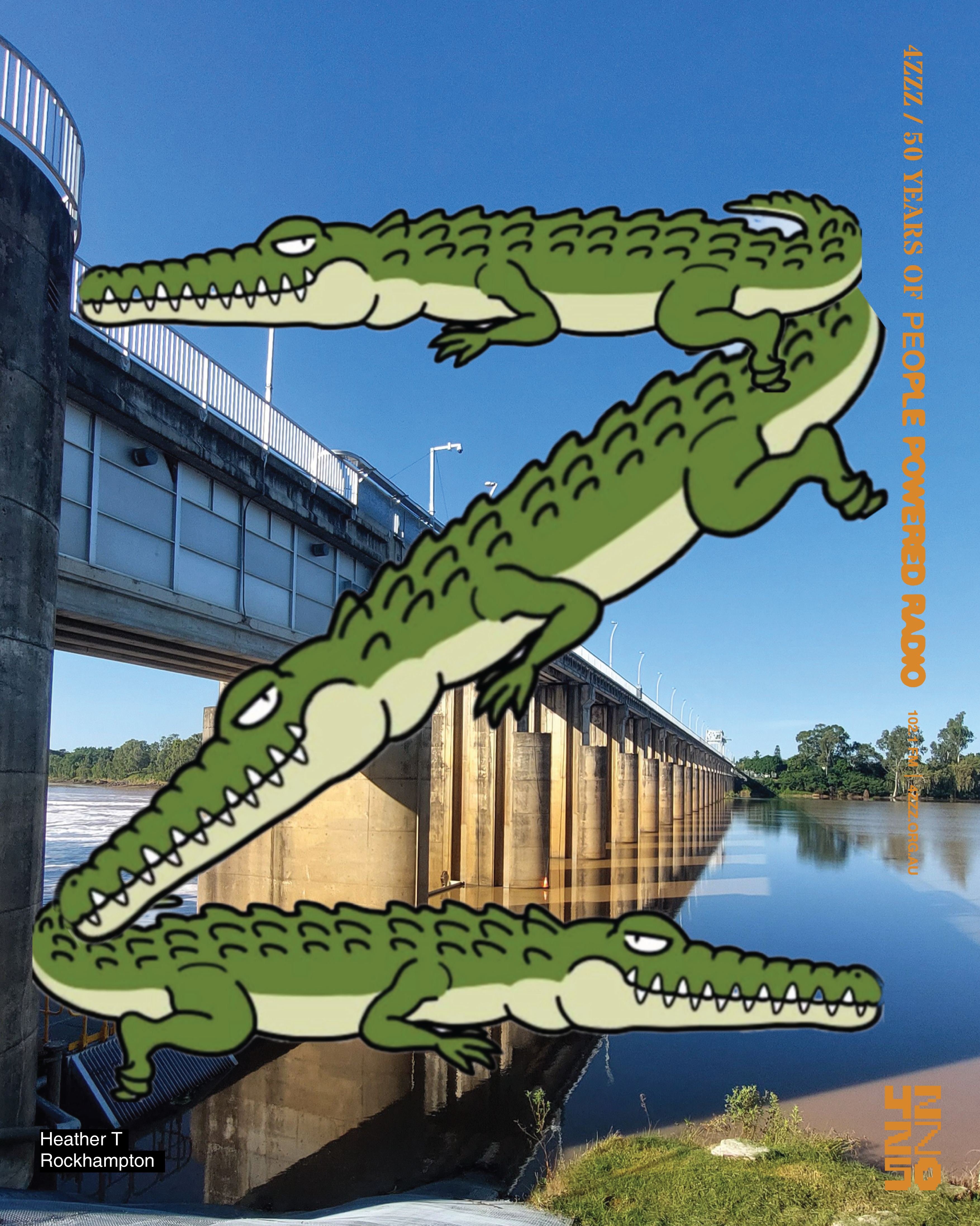 Three illustrated crocodiles arranged in the shape of a Z overlaid on a photo of a river