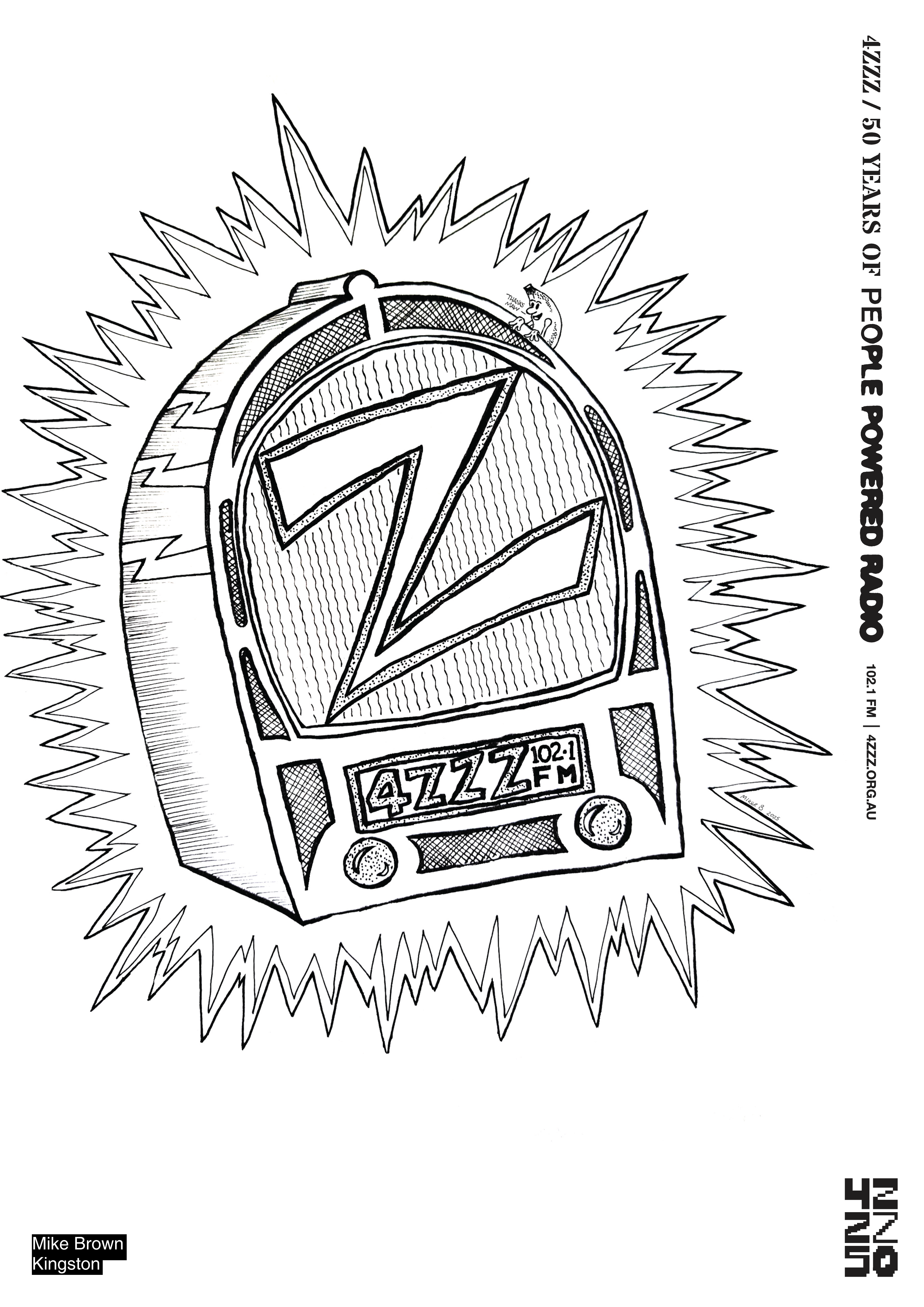 a pen and pencil illustration of an old fashioned radio, with a Z on the speaker. there are sharp waves emanating from the radio. 