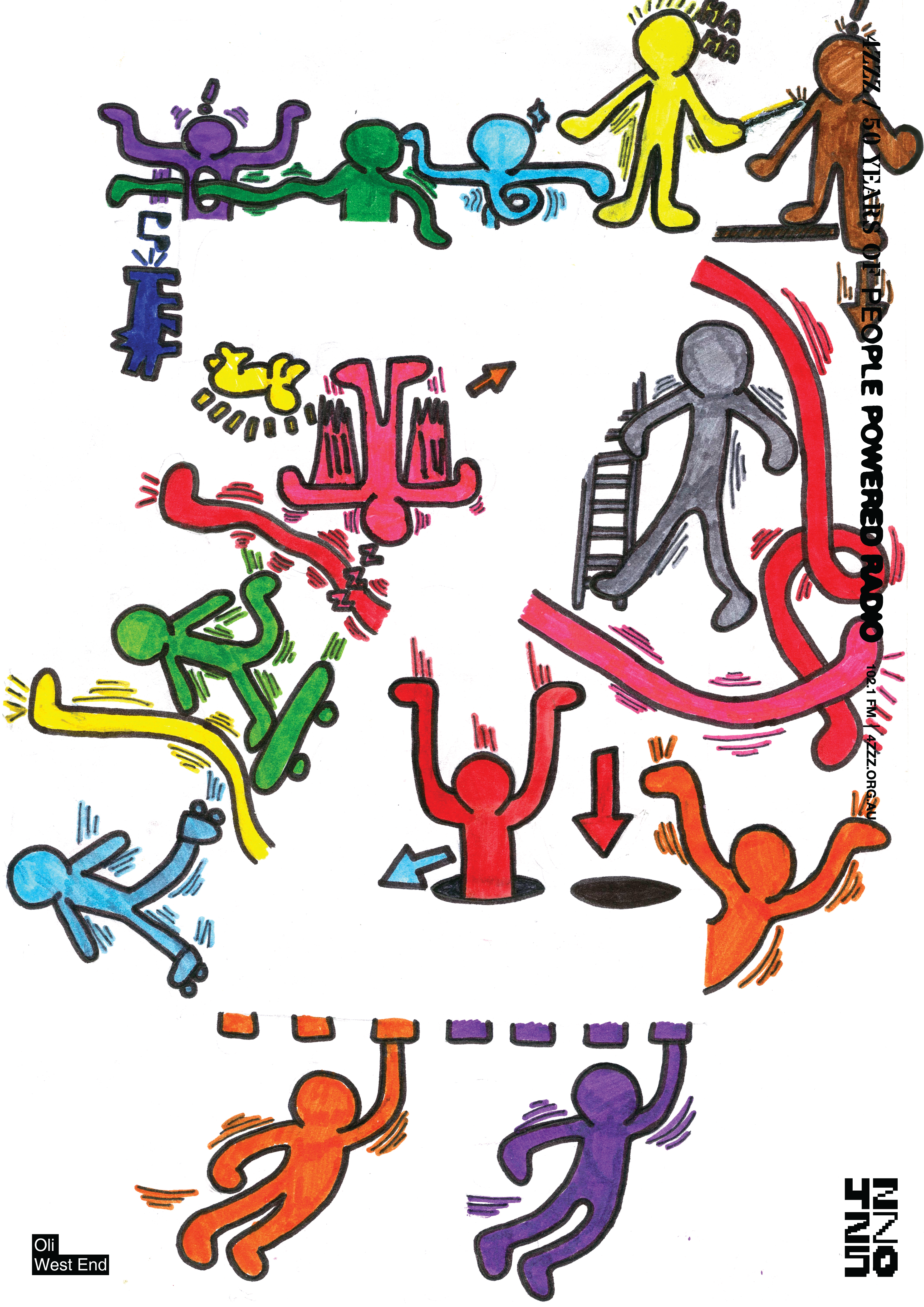 A collection of bright coloured stick figures surround a central void in the shape of a Z.