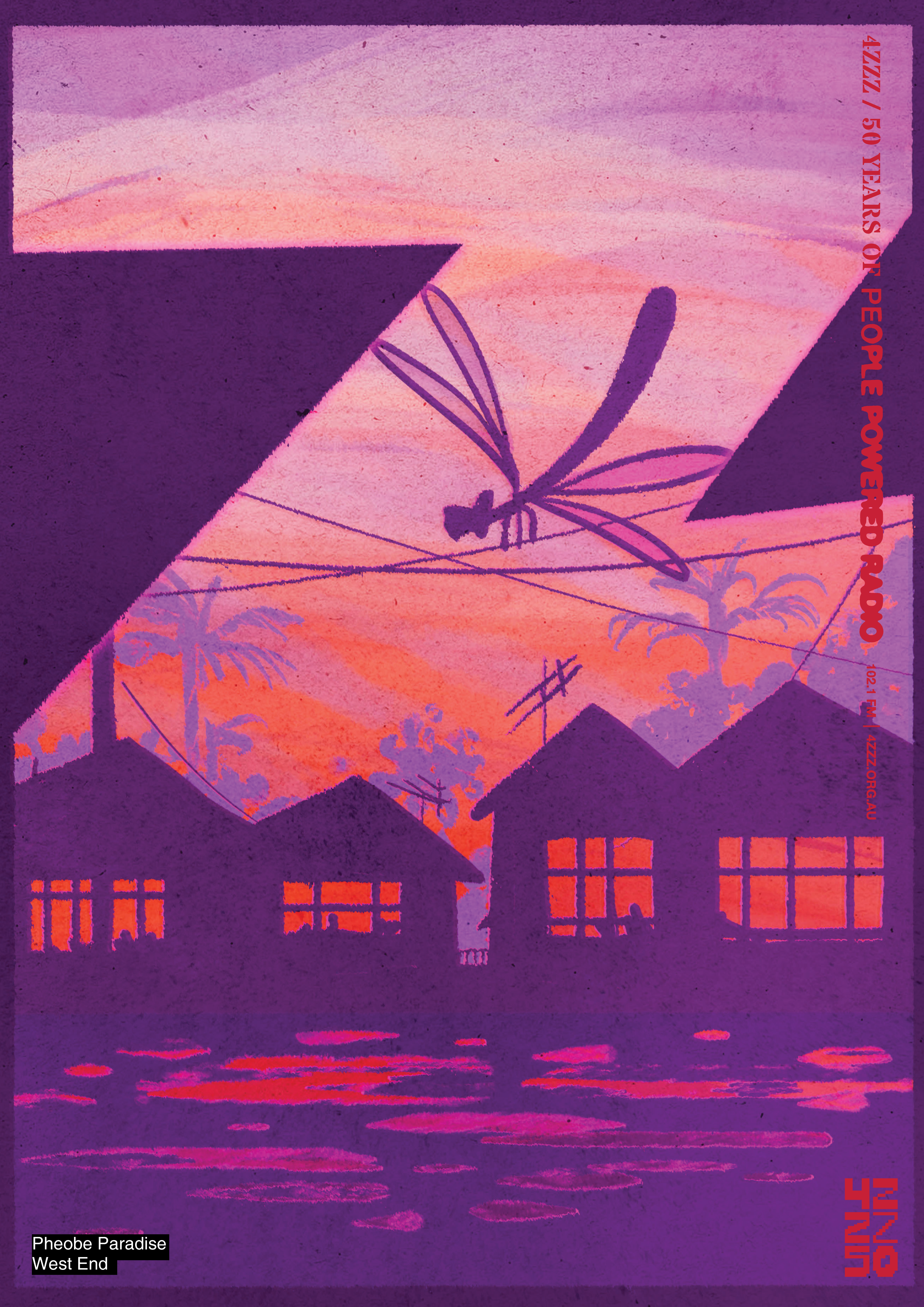A sunset in purple and orange hues, with a row of traditional Queenslander style homes in the lower third, their windows illuminated. in the foreground a large dragonfly flies through. The image is framed inside the silhouette of a large Z. 