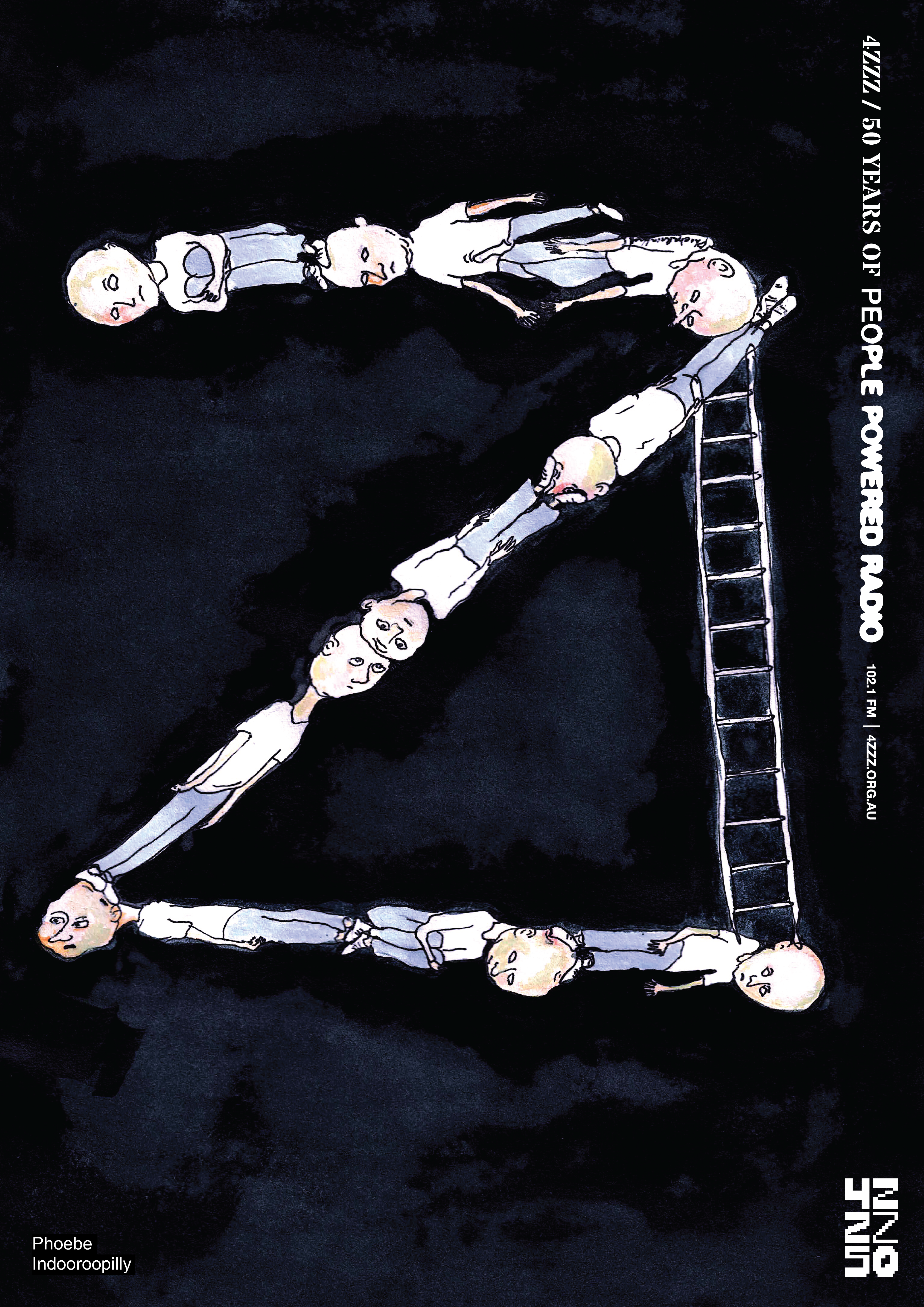 ink and watercolour illustrations of little men lying in the shape of a Z on a dark background. A ladder spans from the bottom row of figures to the top. 