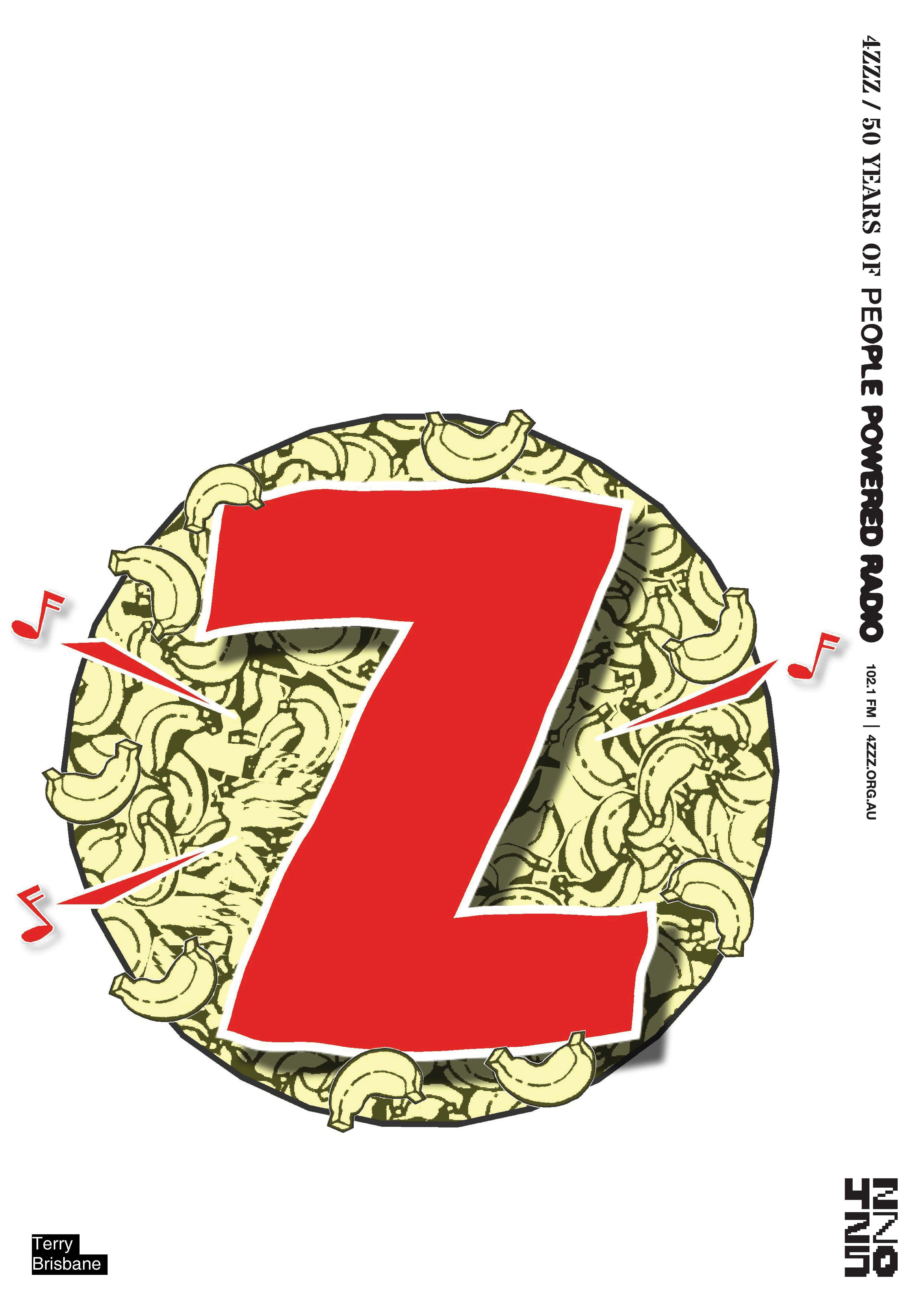 a yellow circle of illustrated bananas outlined in black, a Red Z sitas on top casting a shadow. small musical notes pop out of the Z.