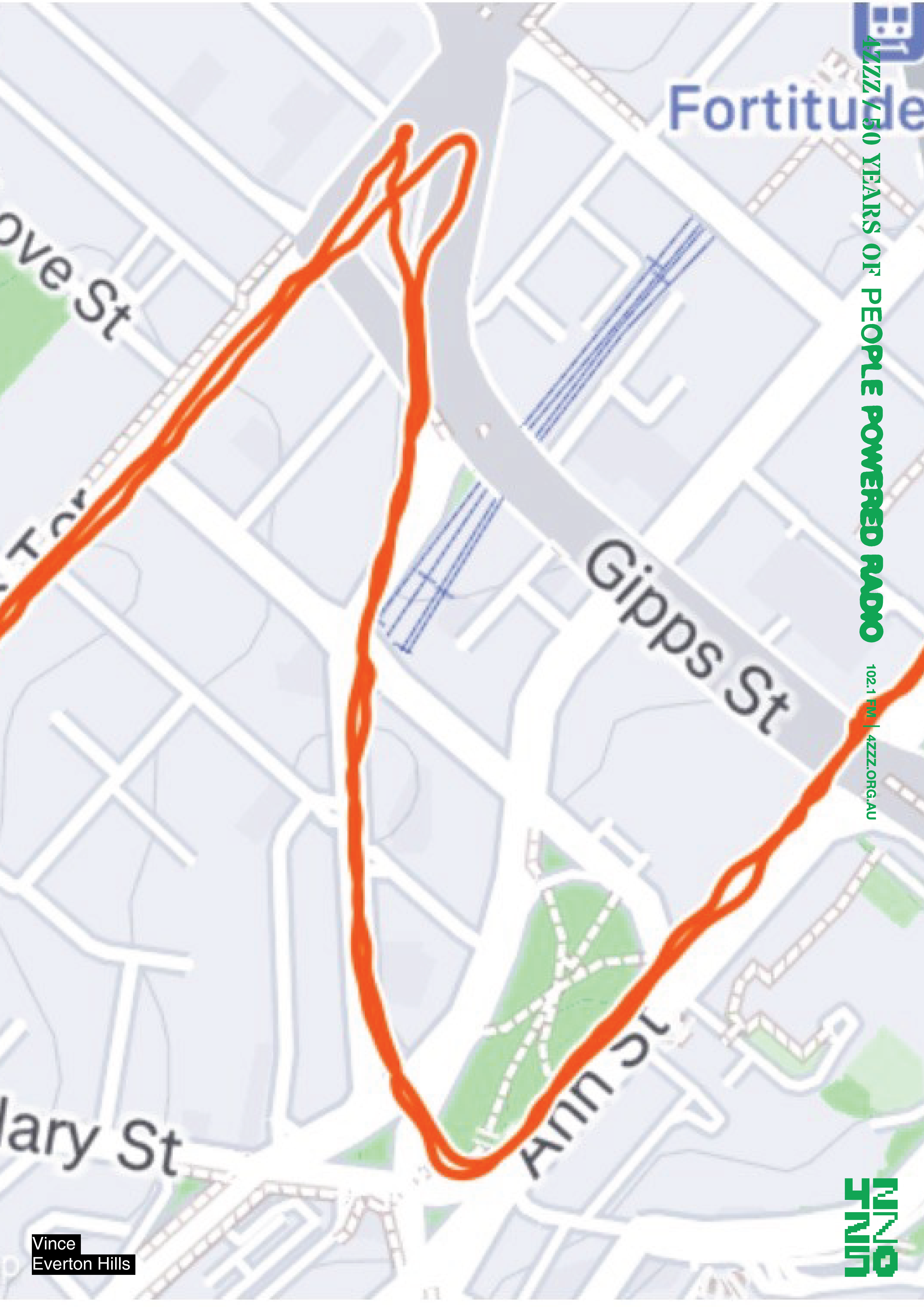 A screenshot of a running app - the map is the area around Barry Parade, the runner has mapped a track in the shape of a Z.