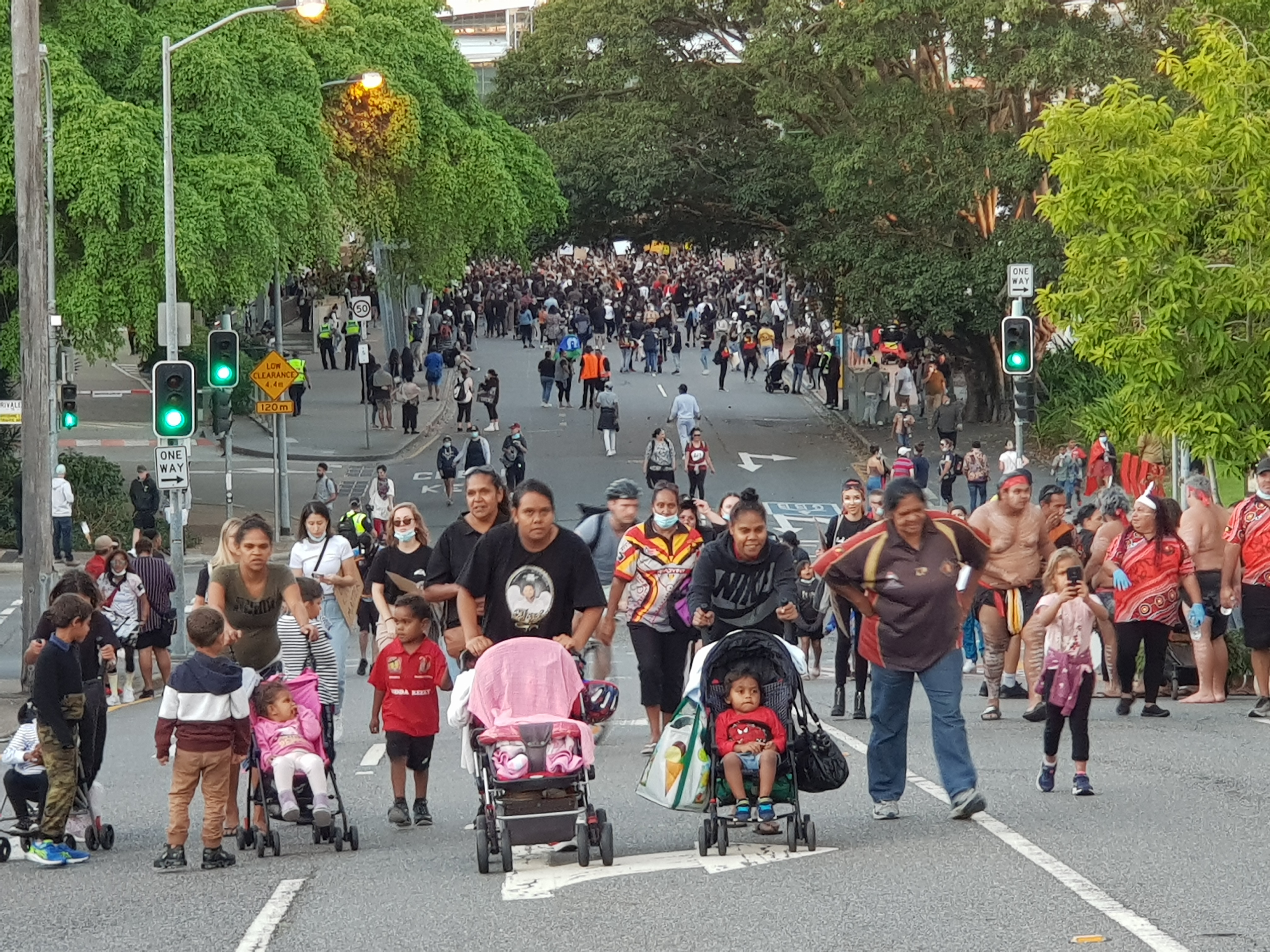 BLM Rally - Protesters walking up the hill to Musgrave Park [4ZZZ/Alexis Pink]