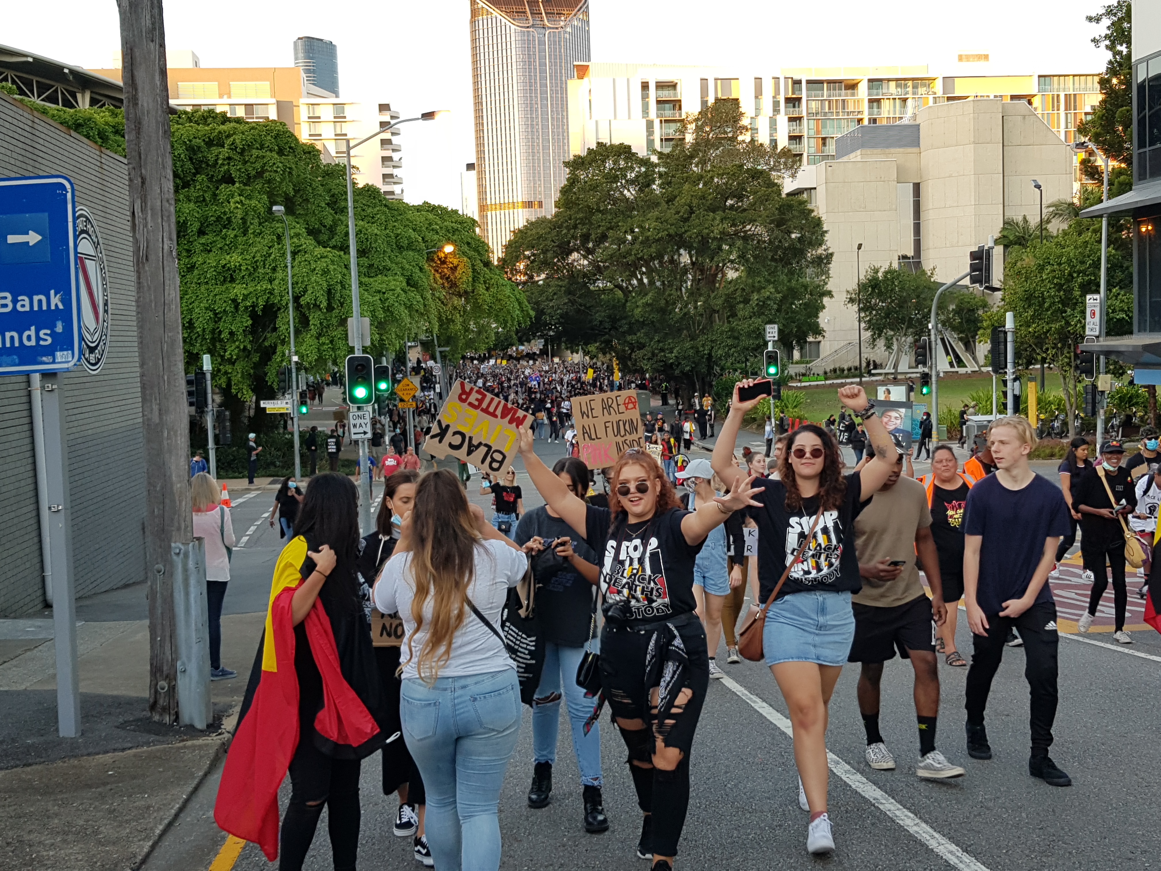BLM Rally - Protesters walking up the hill to Musgrave Park [4ZZZ/Alexis Pink]