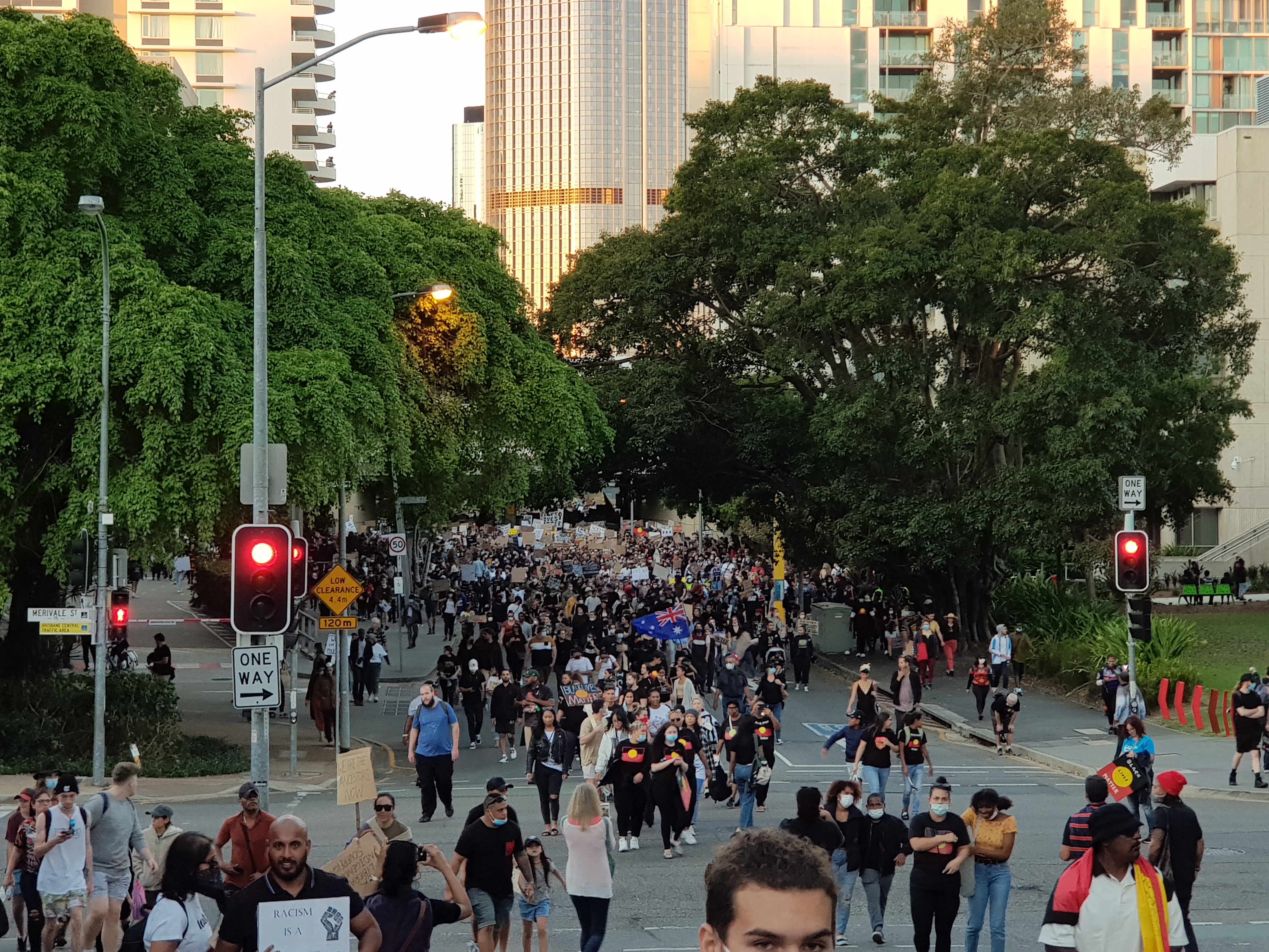 BLM Rally - Protesters walking up the hill to Musgrave Park [4ZZZ/Alexis Pink]