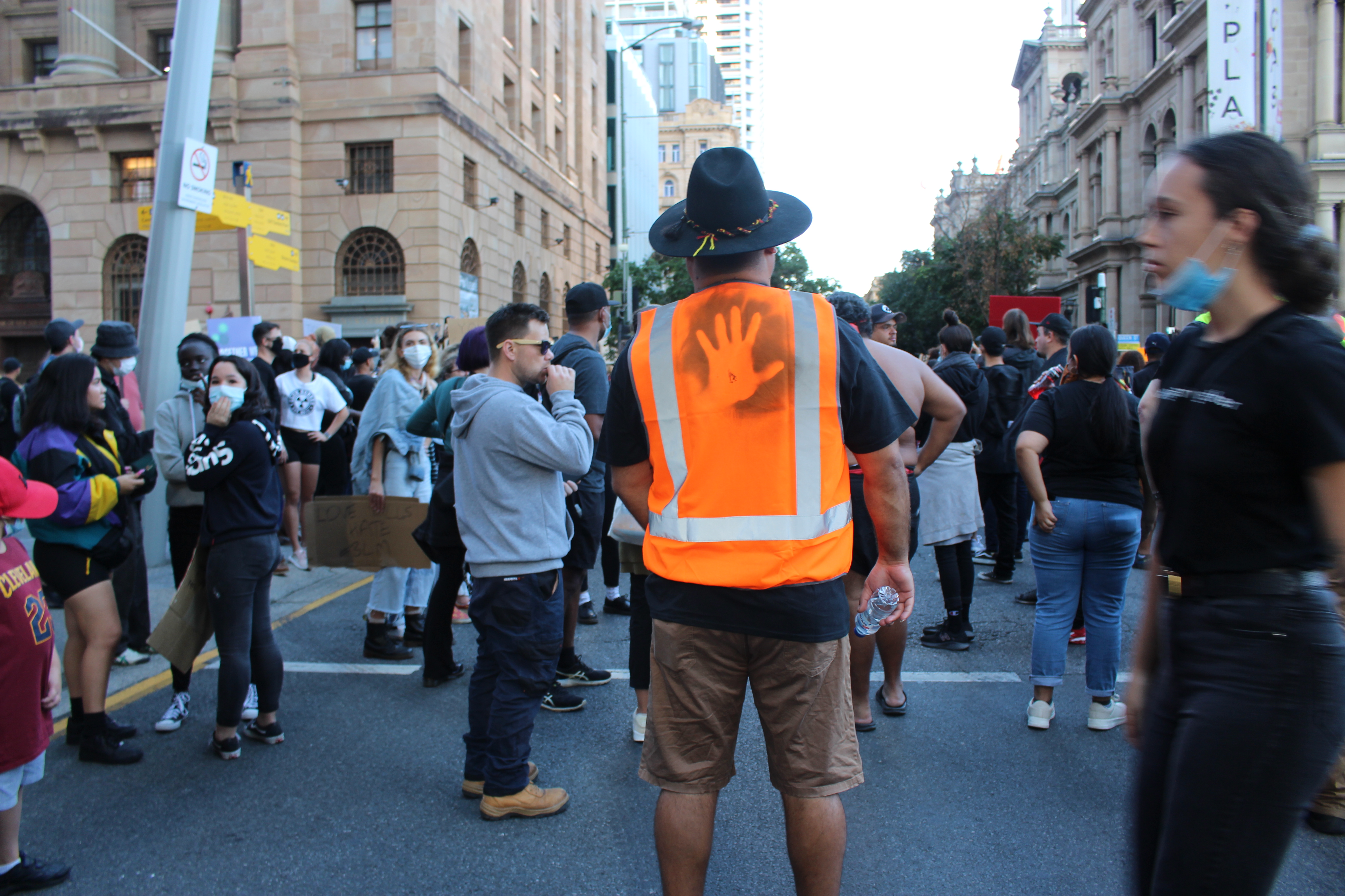 BLM Rally - A Marshall instructing the crowd [4ZZZ/Lillian Rangiah]