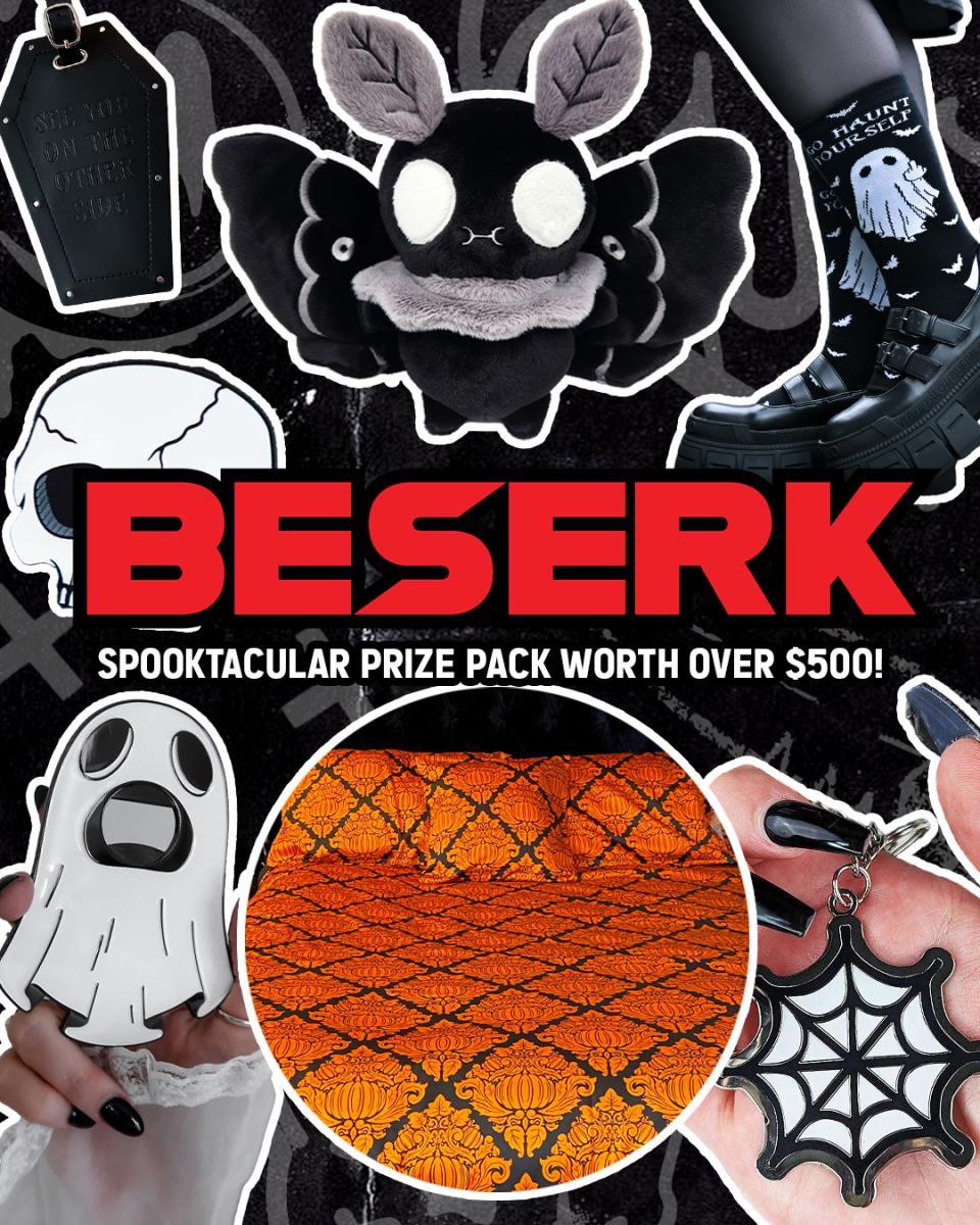 image with halween things with BESERK in big red letters