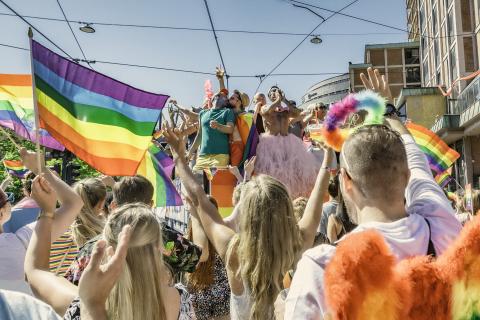 Image of people participating in a pride parade with pride colours and flags