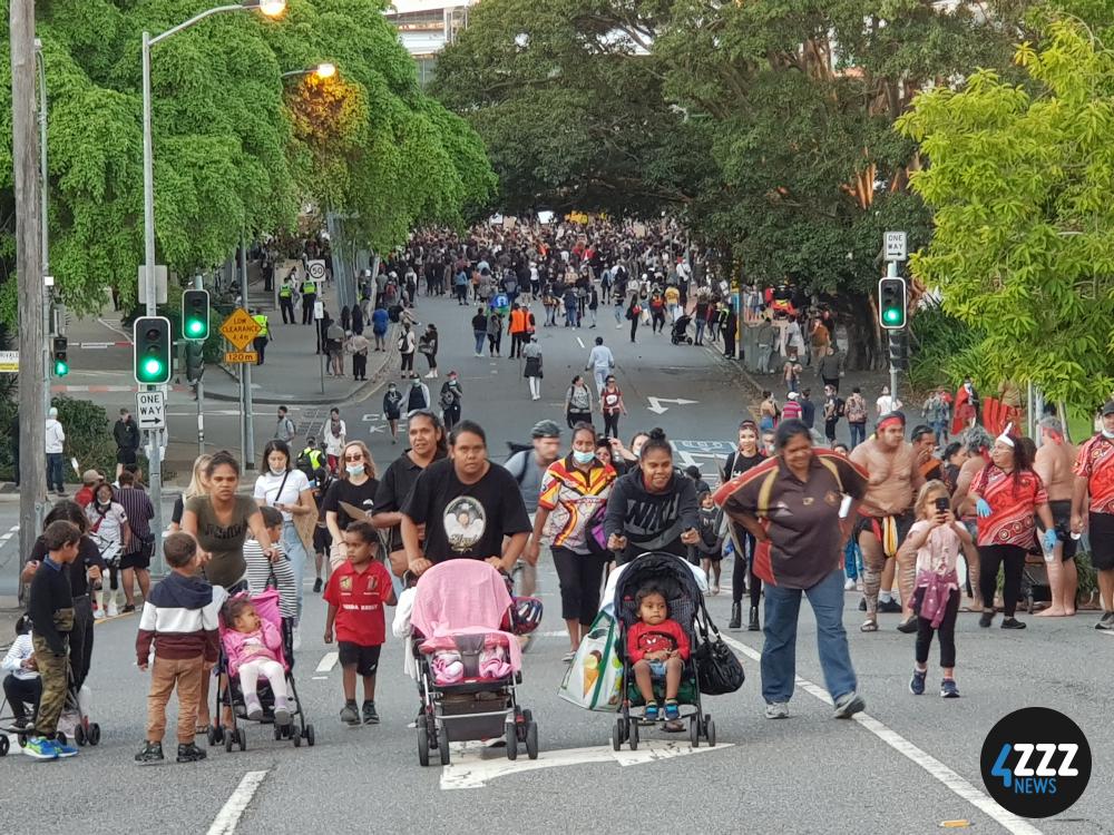 BLM Rally - Protesters walking up the hill to Musgrave Park [4ZZZ/Alexis Pink]