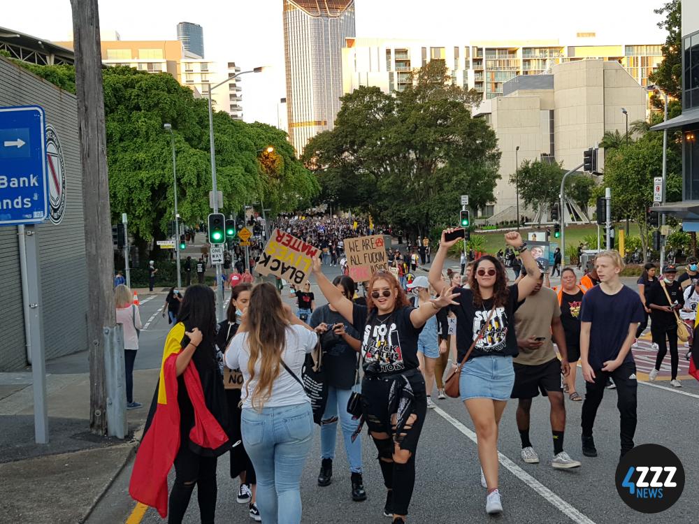 BLM Rally - Protesters walking up the hill to Musgrave Park [4ZZZ/Alexis Pink]