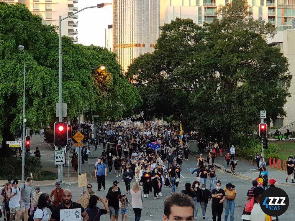 BLM Rally - Protesters walking up the hill to Musgrave Park [4ZZZ/Alexis Pink]