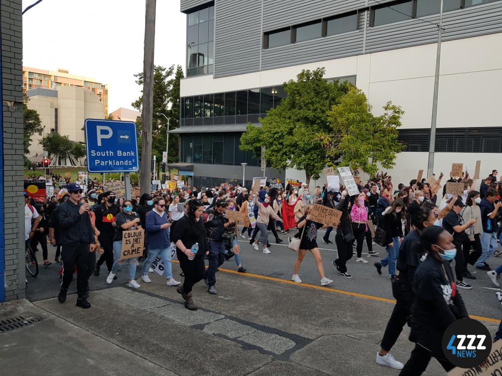 BLM Rally - Protesters walking up the hill to Musgrave Park [4ZZZ/Alexis Pink]