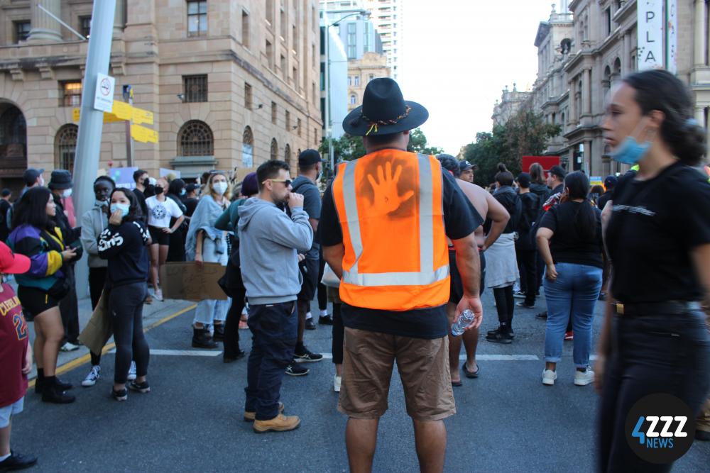 BLM Rally - A Marshall instructing the crowd [4ZZZ/Lillian Rangiah]