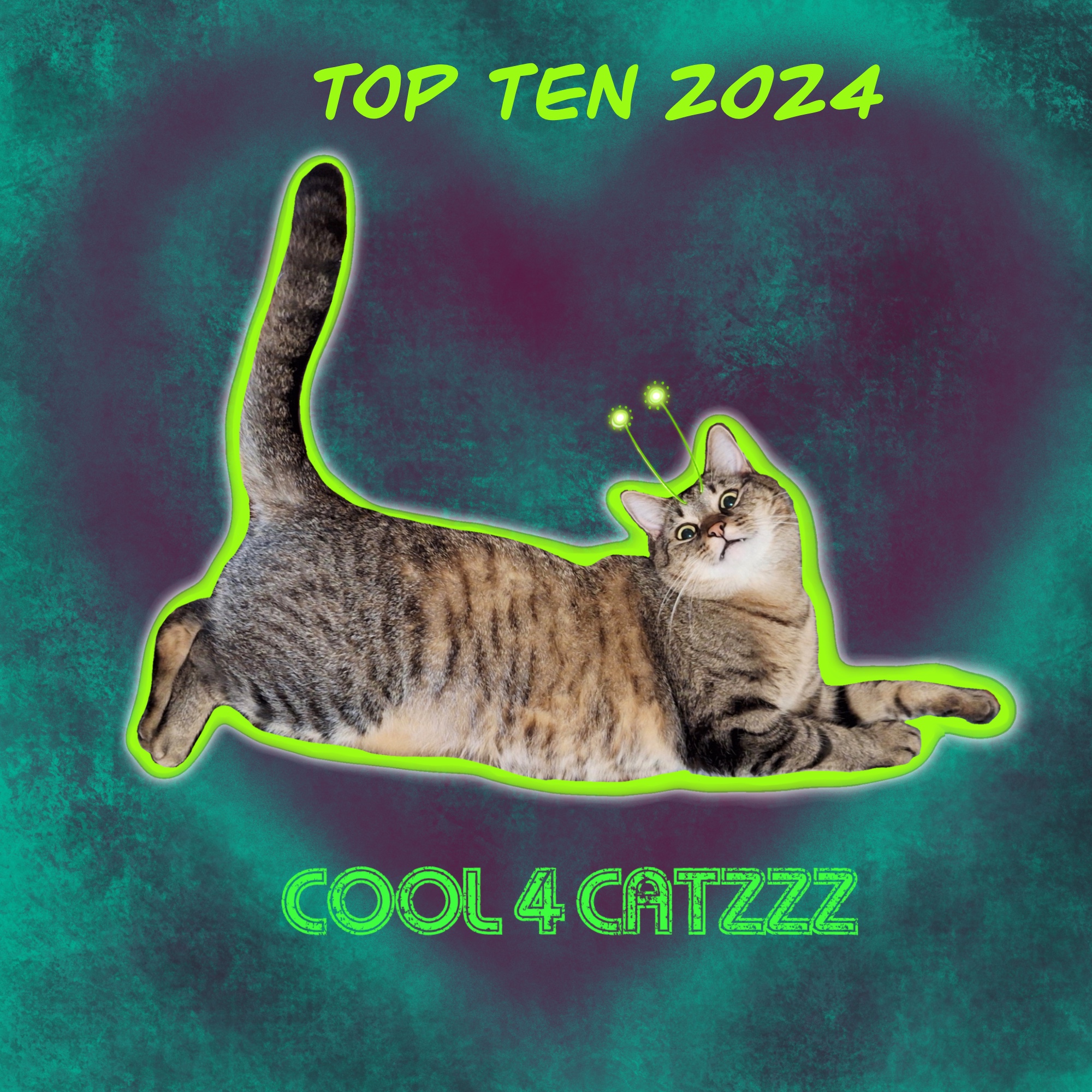 a grey tabby cat with illustrated antennae on a green and purple background with the text "TOP TEN 2024" on top and  "COOL 4 CATZZZ" on the bottom