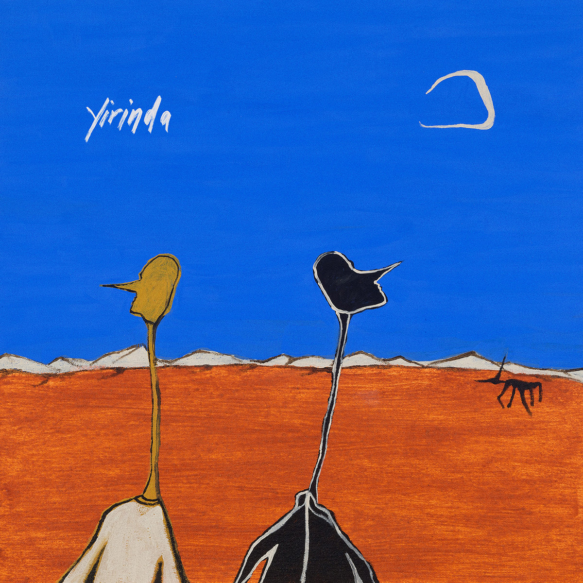 Yirinda's self titled album cover - a deep blue sky and orange earth with two painted people buried in the soil with their heads surfacing